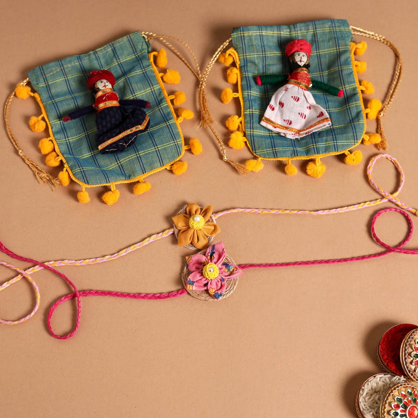  Handmade Fabric Flower Jute Rakhi (Set of 2)