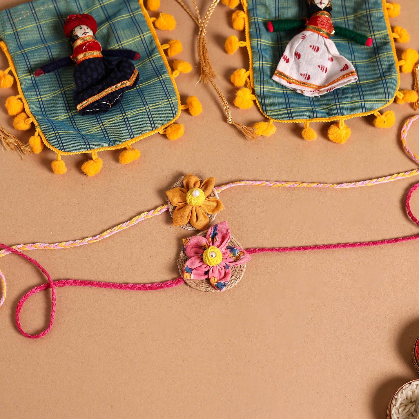 Handmade Fabric Flower Jute Rakhi (Set of 2)
