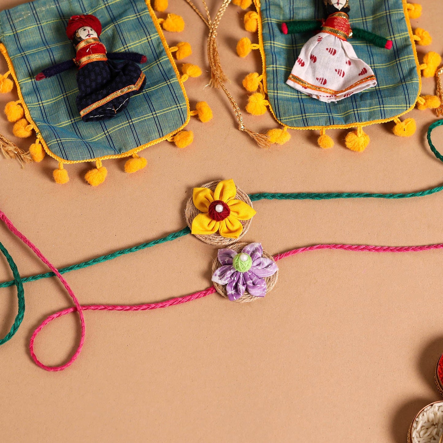 Handmade Fabric Flower Jute Rakhi (Set of 2)