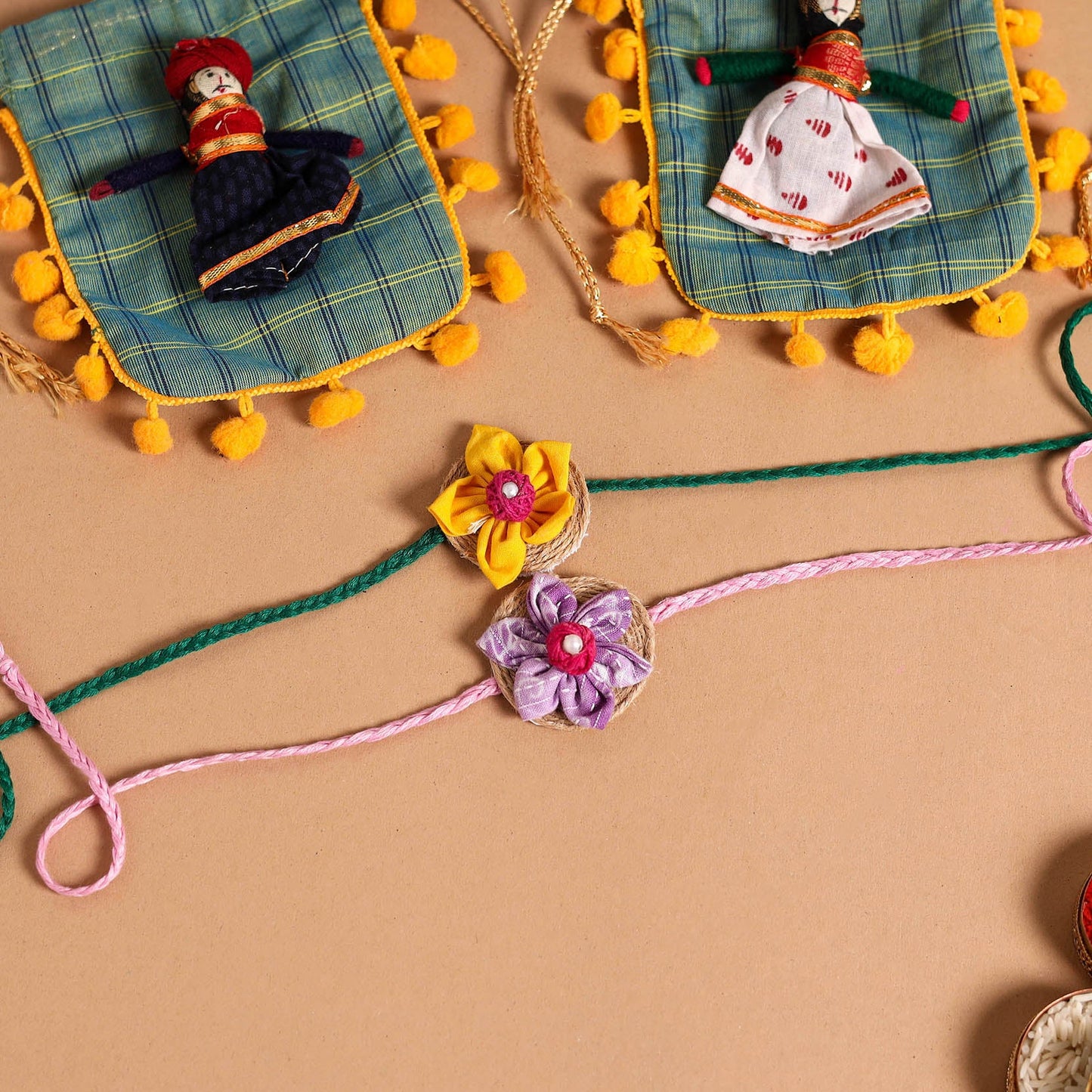  Handmade Fabric Flower Jute Rakhi (Set of 2)