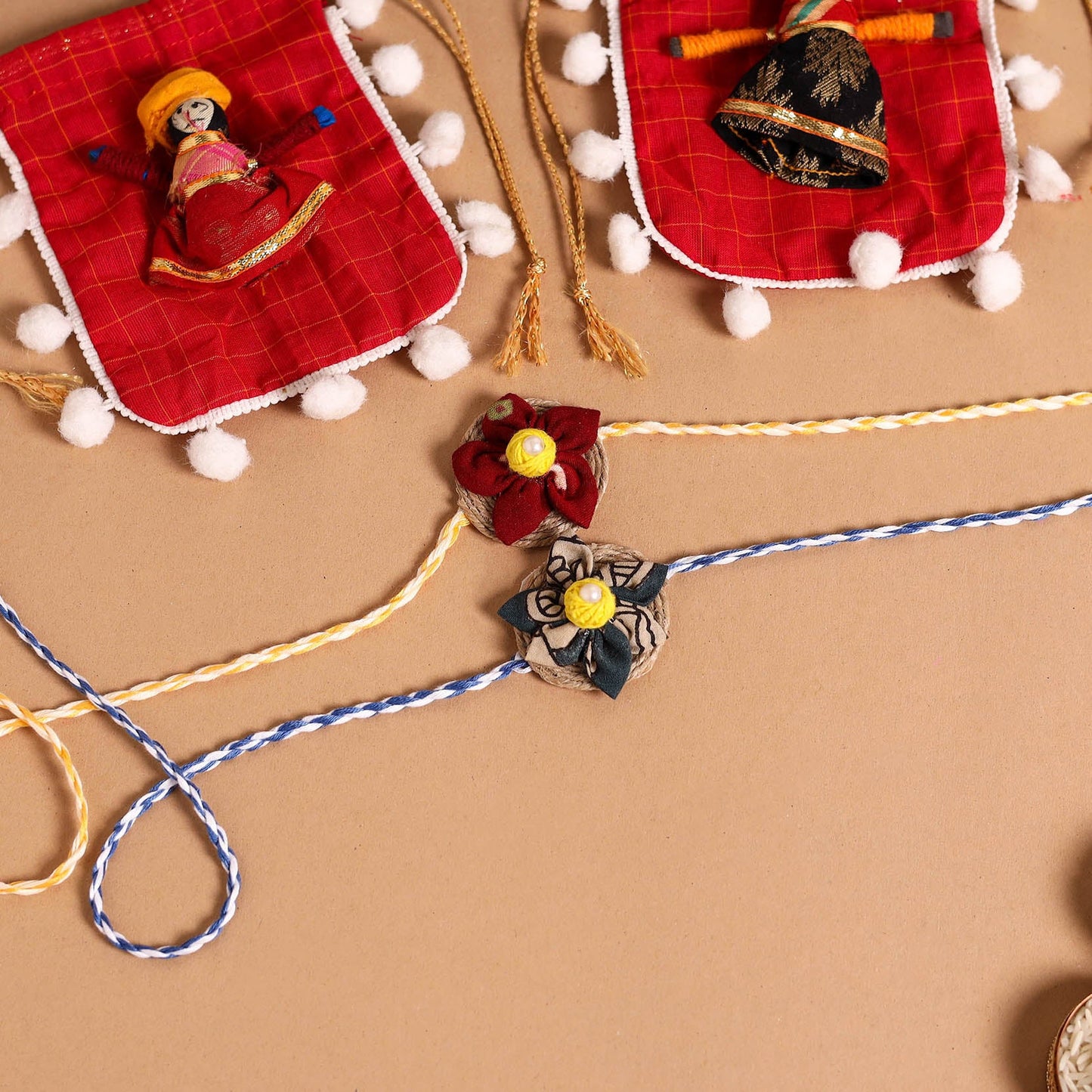  Handmade Fabric Flower Jute Rakhi (Set of 2)