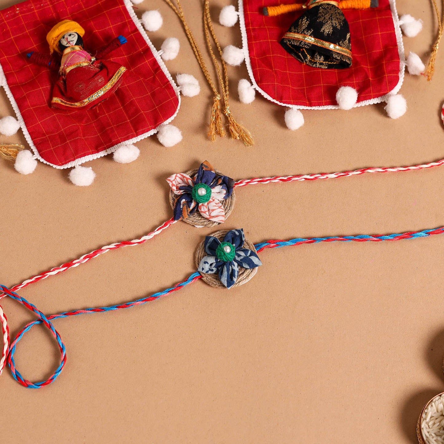  Handmade Fabric Flower Jute Rakhi (Set of 2)