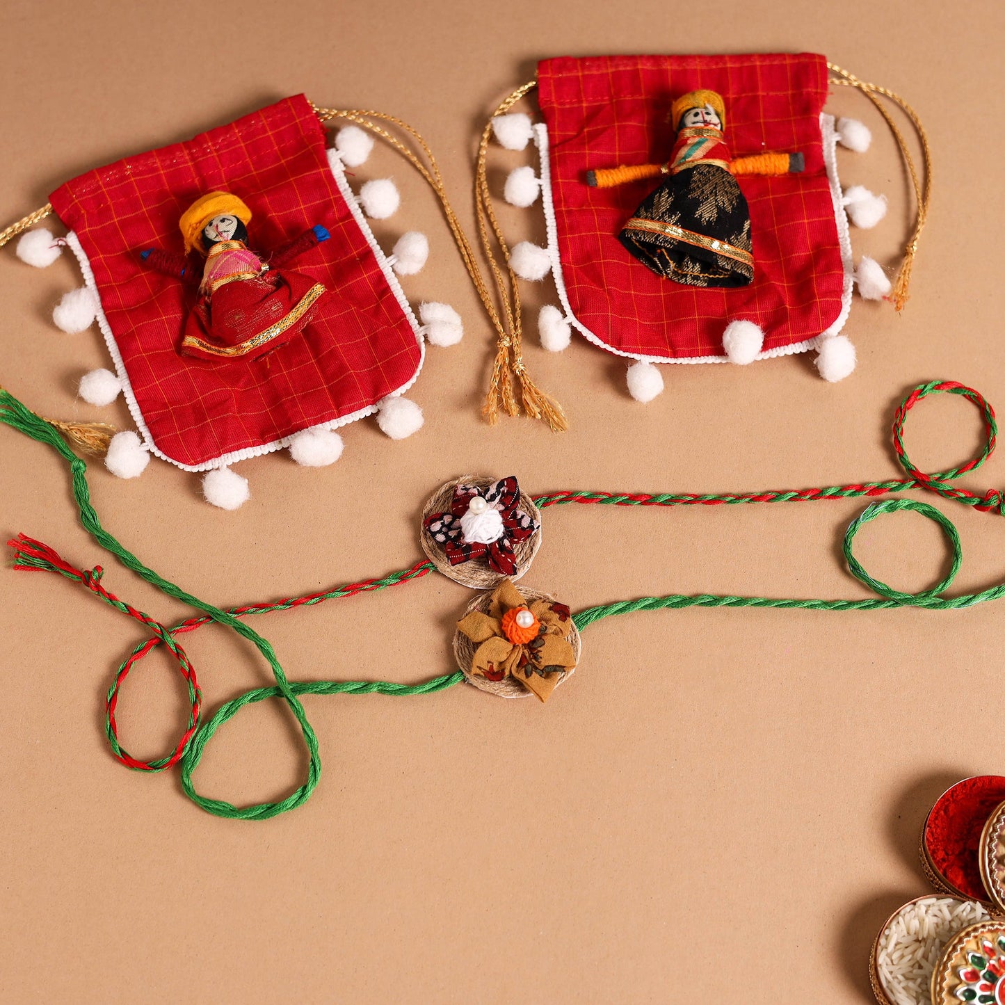  Handmade Fabric Flower Jute Rakhi (Set of 2)