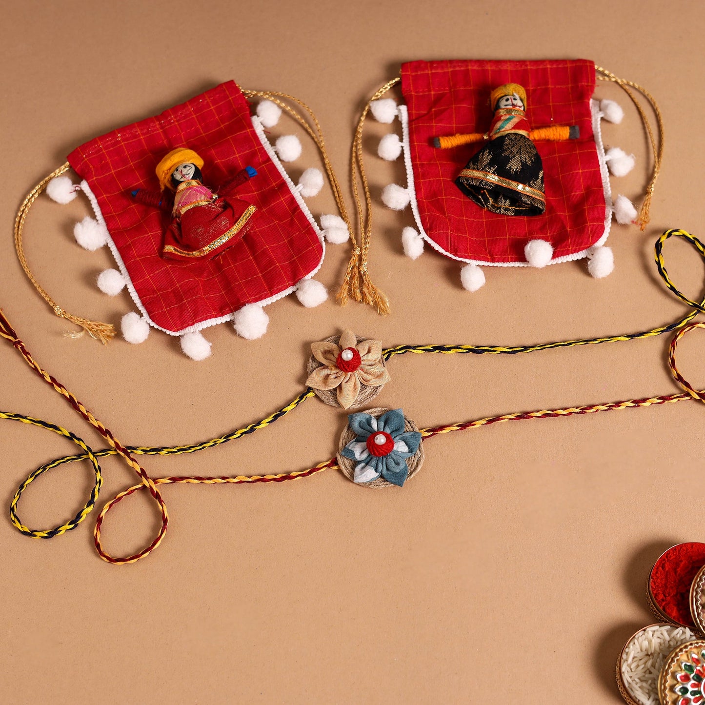  Handmade Fabric Flower Jute Rakhi (Set of 2)