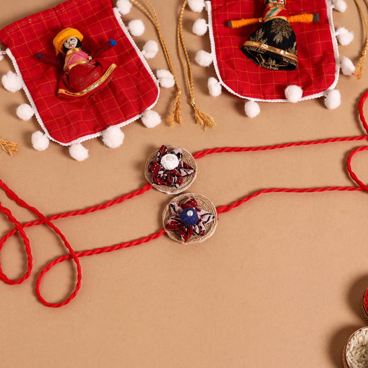  Handmade Fabric Flower Jute Rakhi (Set of 2)