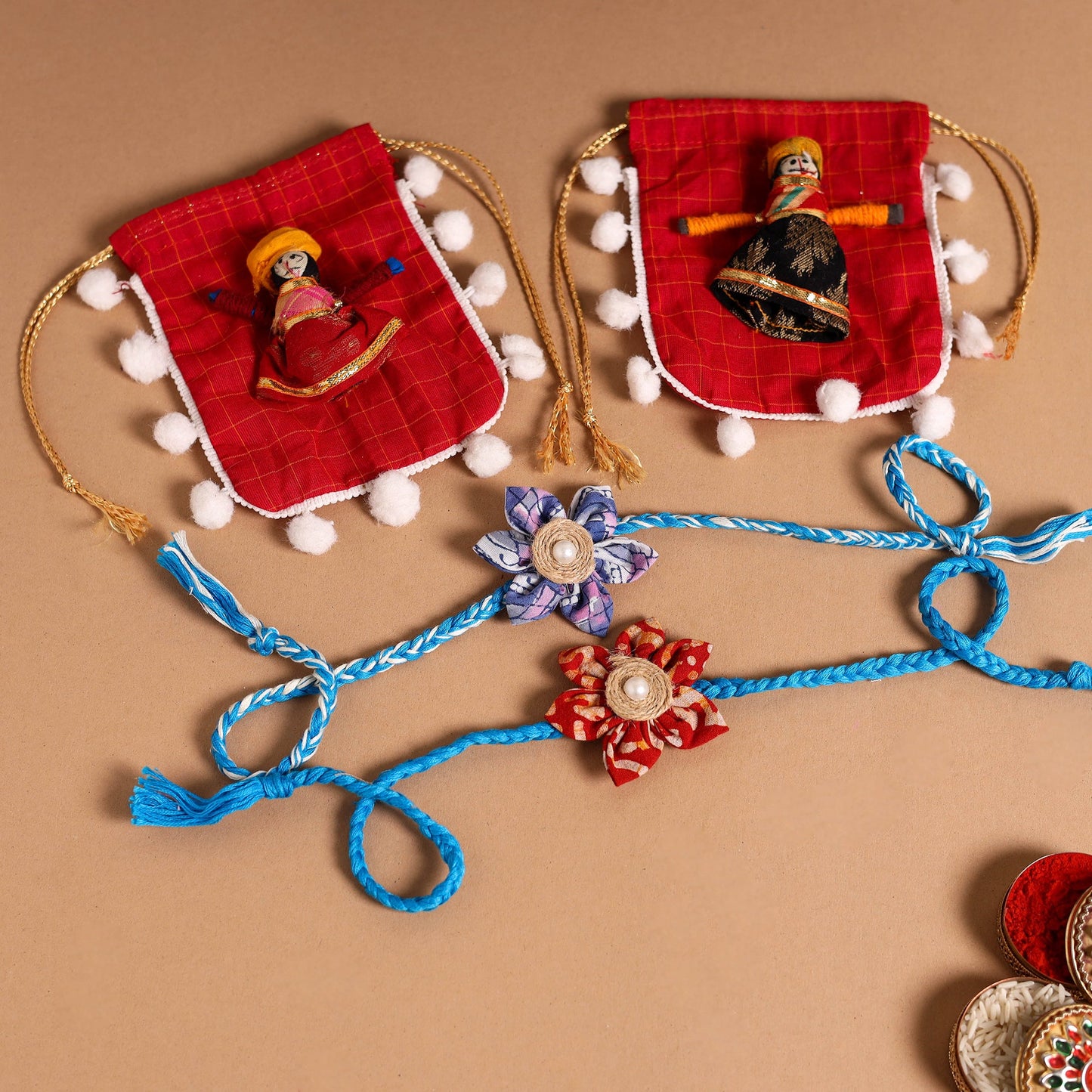  Handmade Fabric Flower Jute Rakhi (Set of 2)