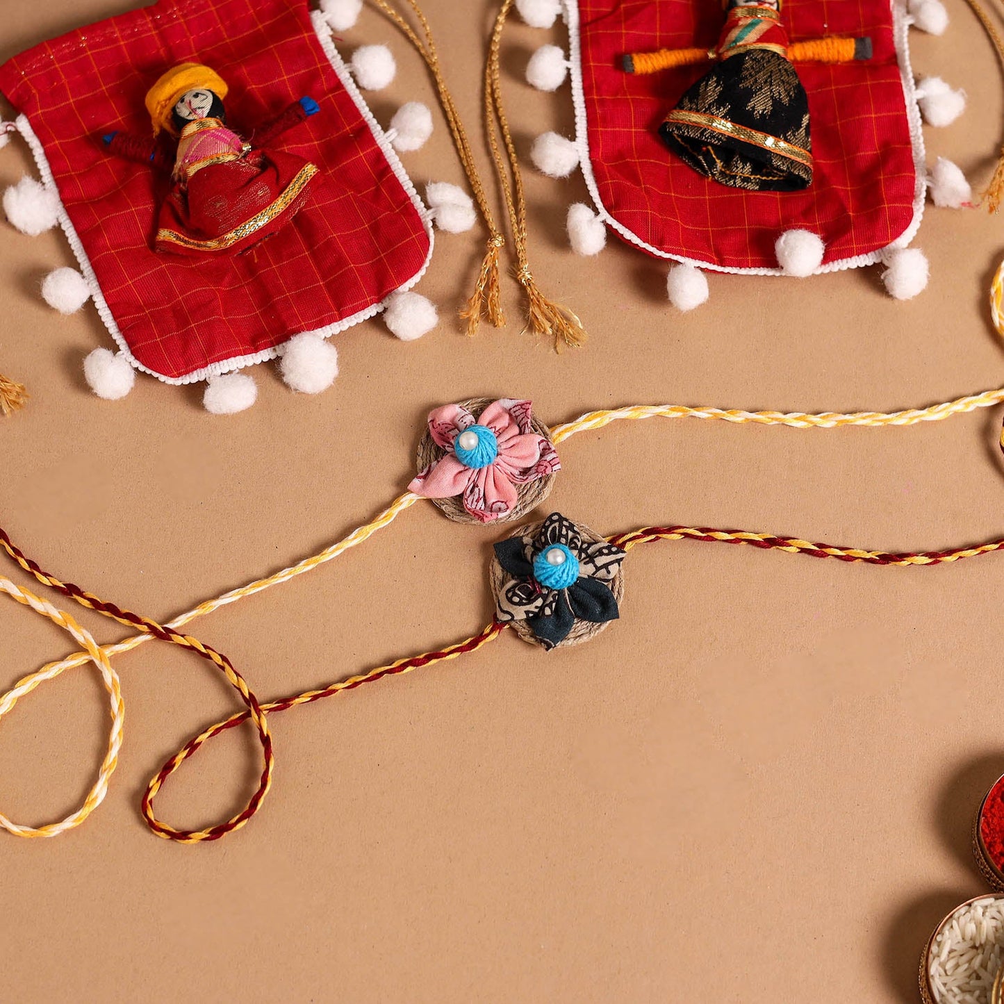  Handmade Fabric Flower Jute Rakhi (Set of 2)