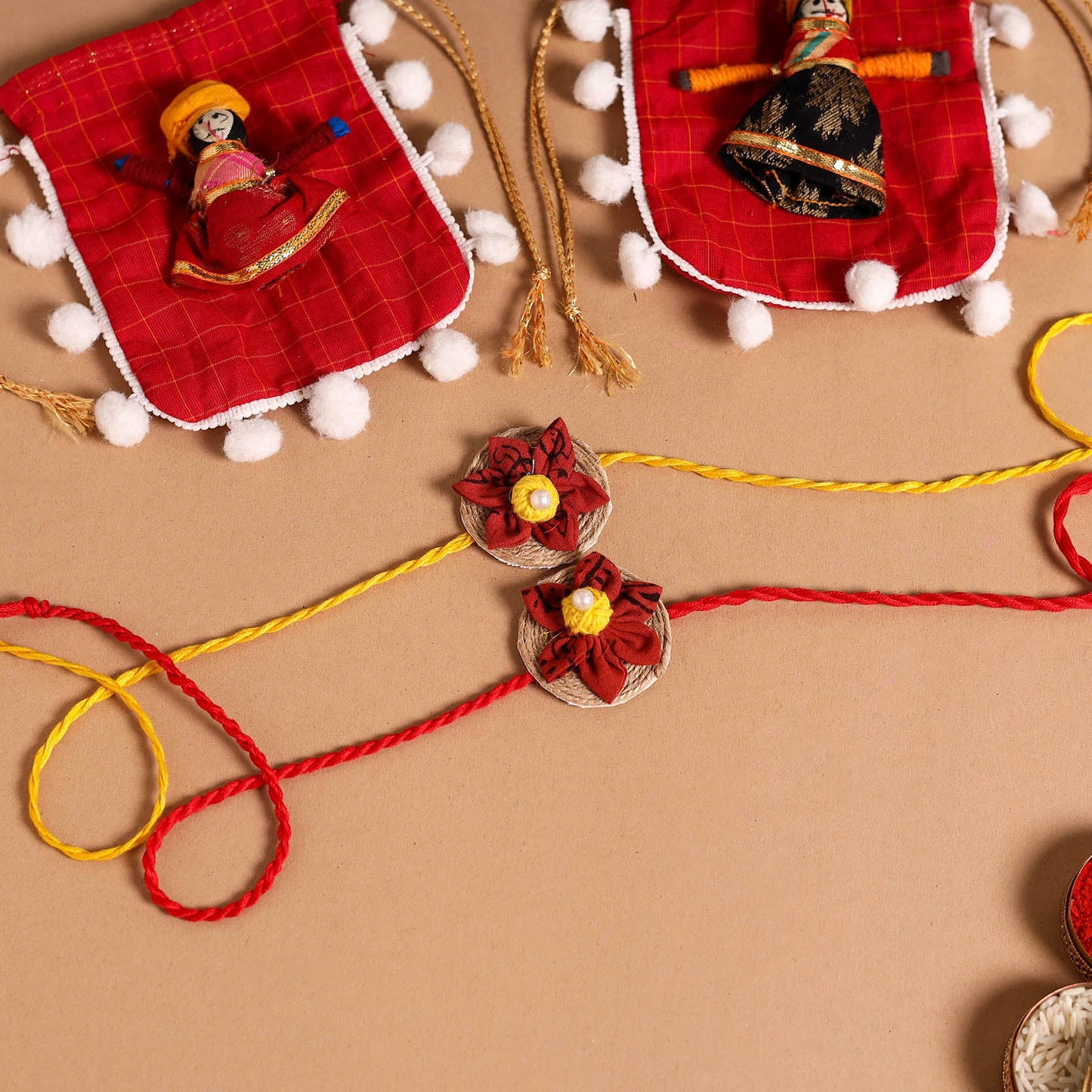 Handmade Fabric Flower Jute Rakhi (Set of 2)