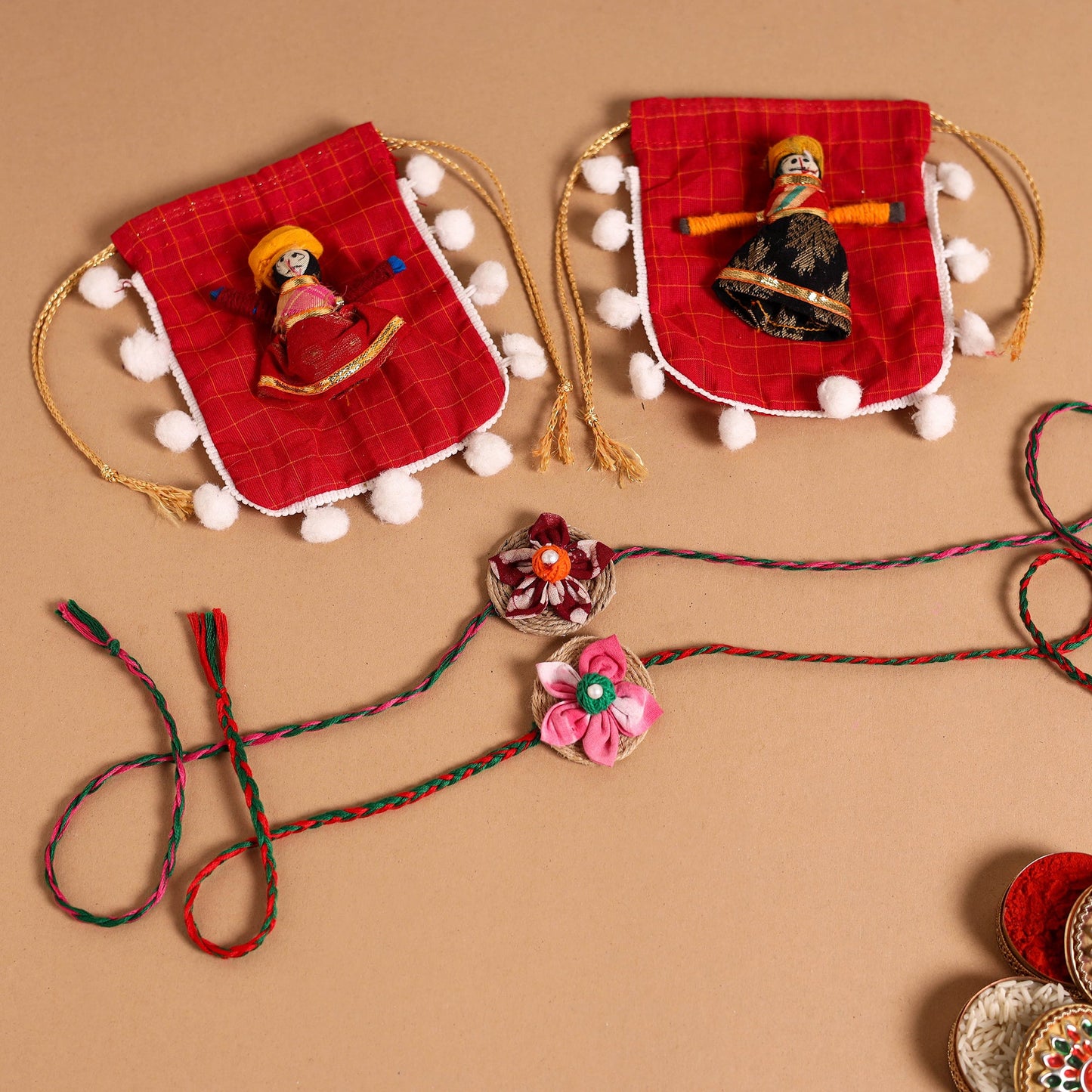  Handmade Fabric Flower Jute Rakhi (Set of 2)