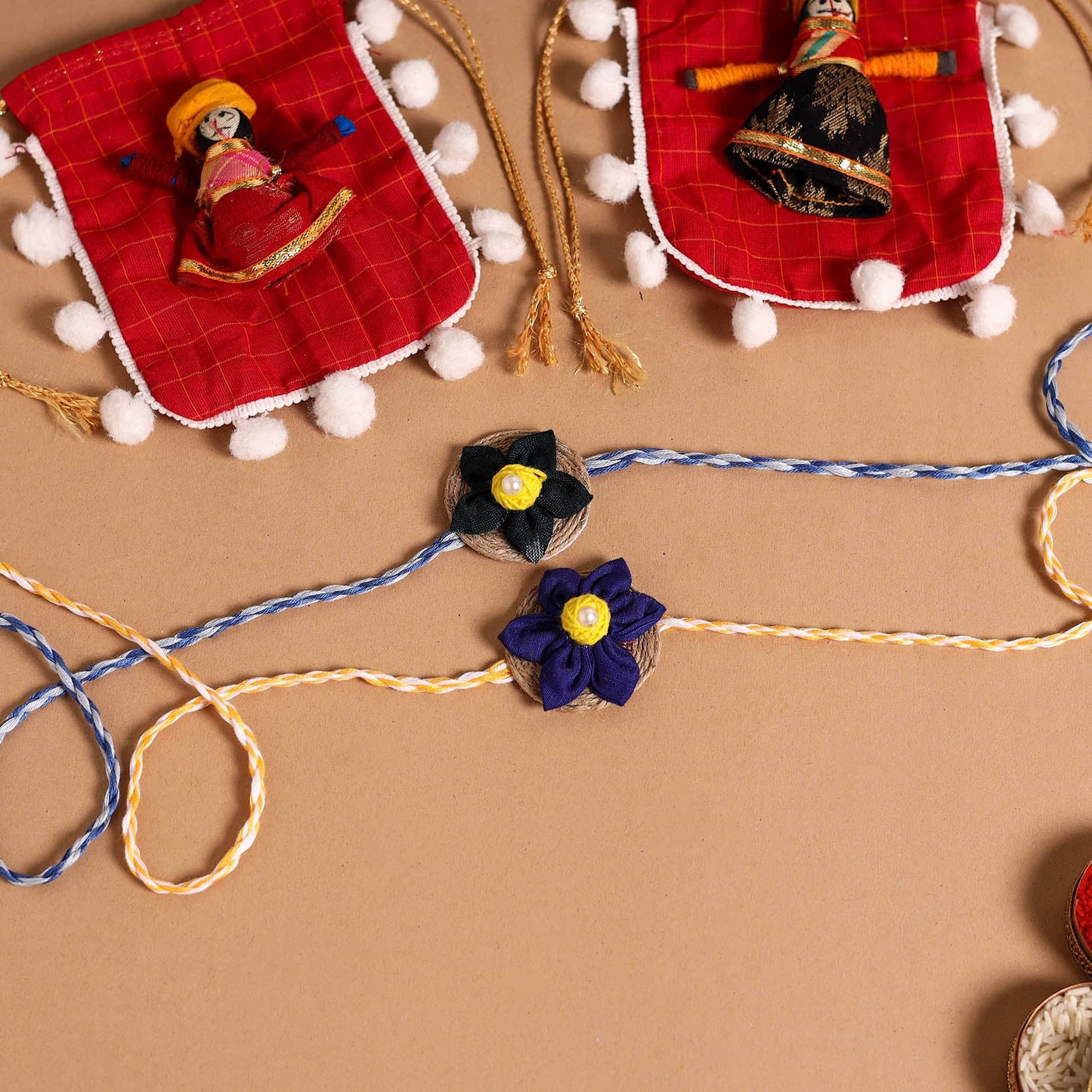  Handmade Fabric Flower Jute Rakhi (Set of 2)