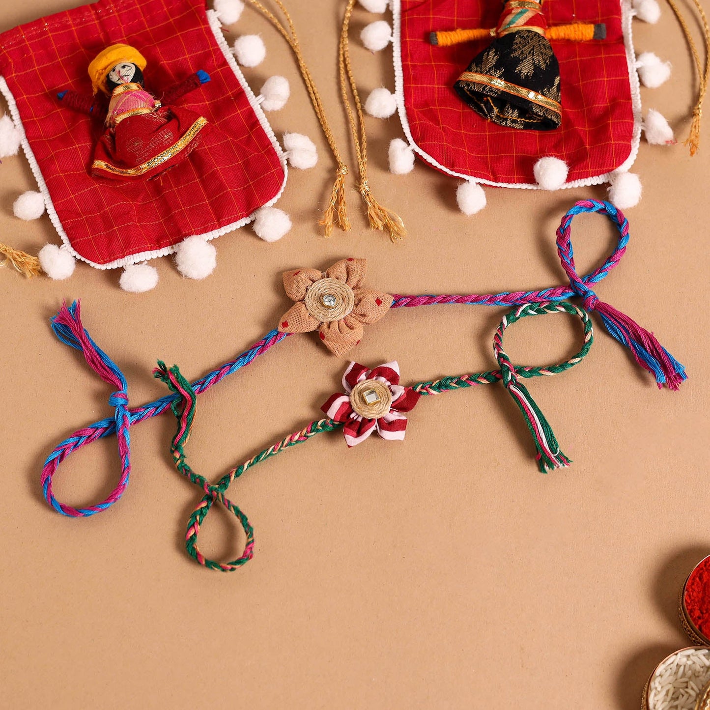  Handmade Fabric Flower Jute Rakhi (Set of 2)