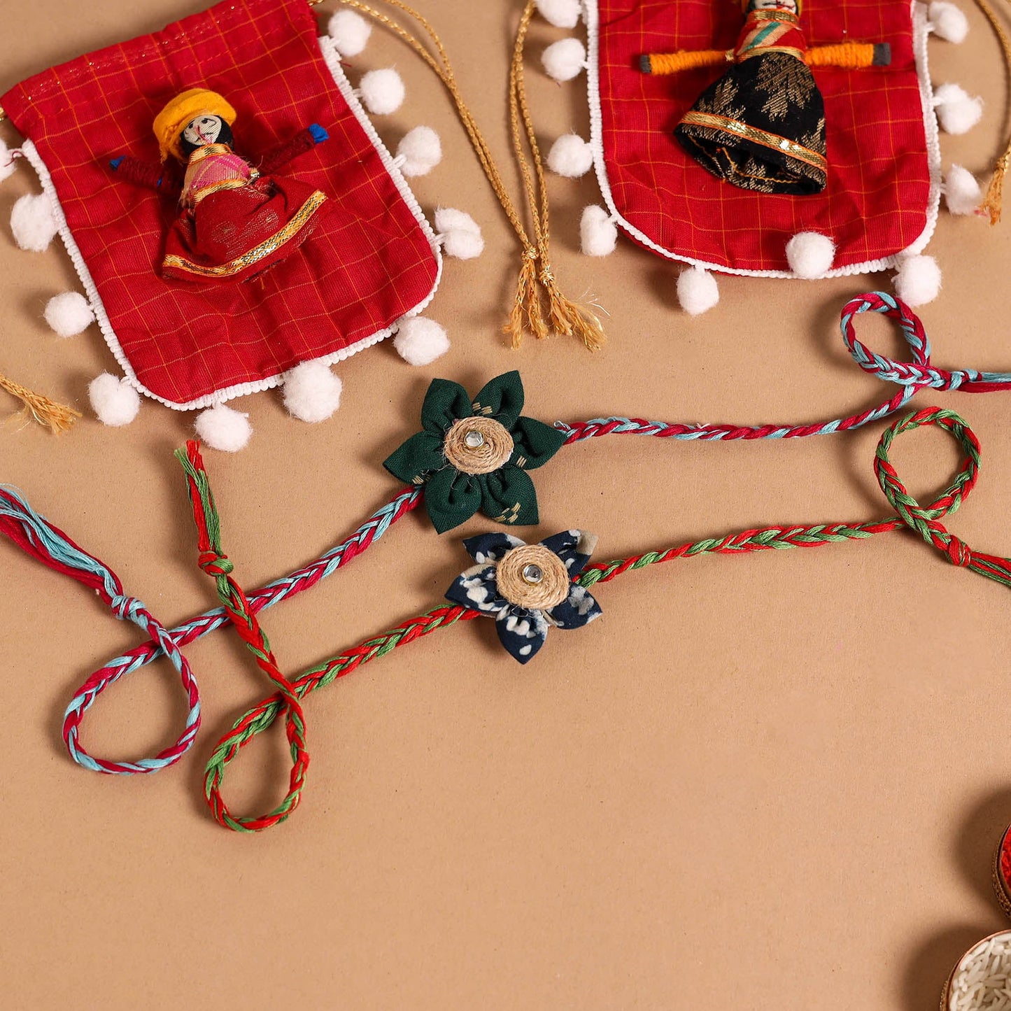  Handmade Fabric Flower Jute Rakhi (Set of 2)