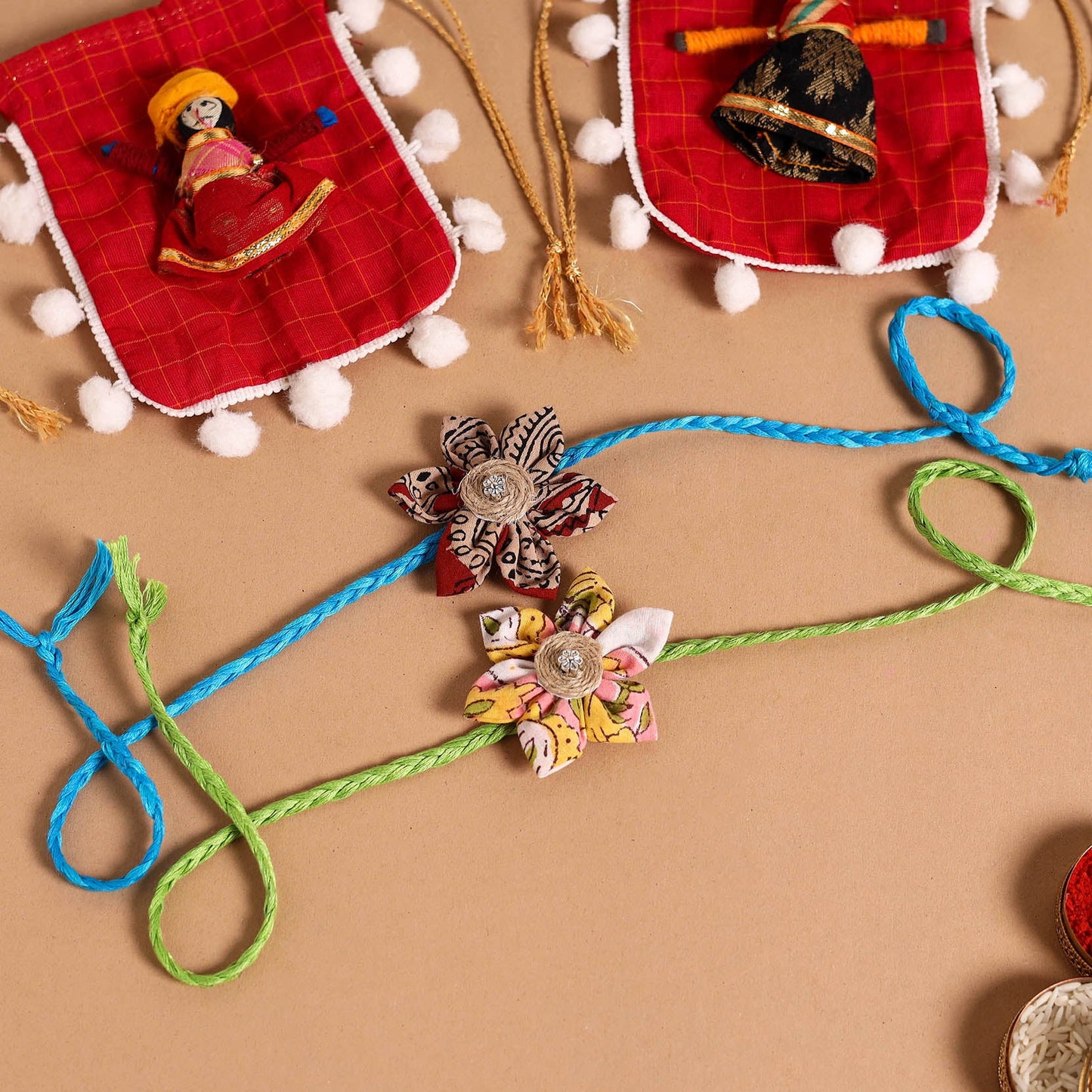  Handmade Fabric Flower Jute Rakhi (Set of 2)