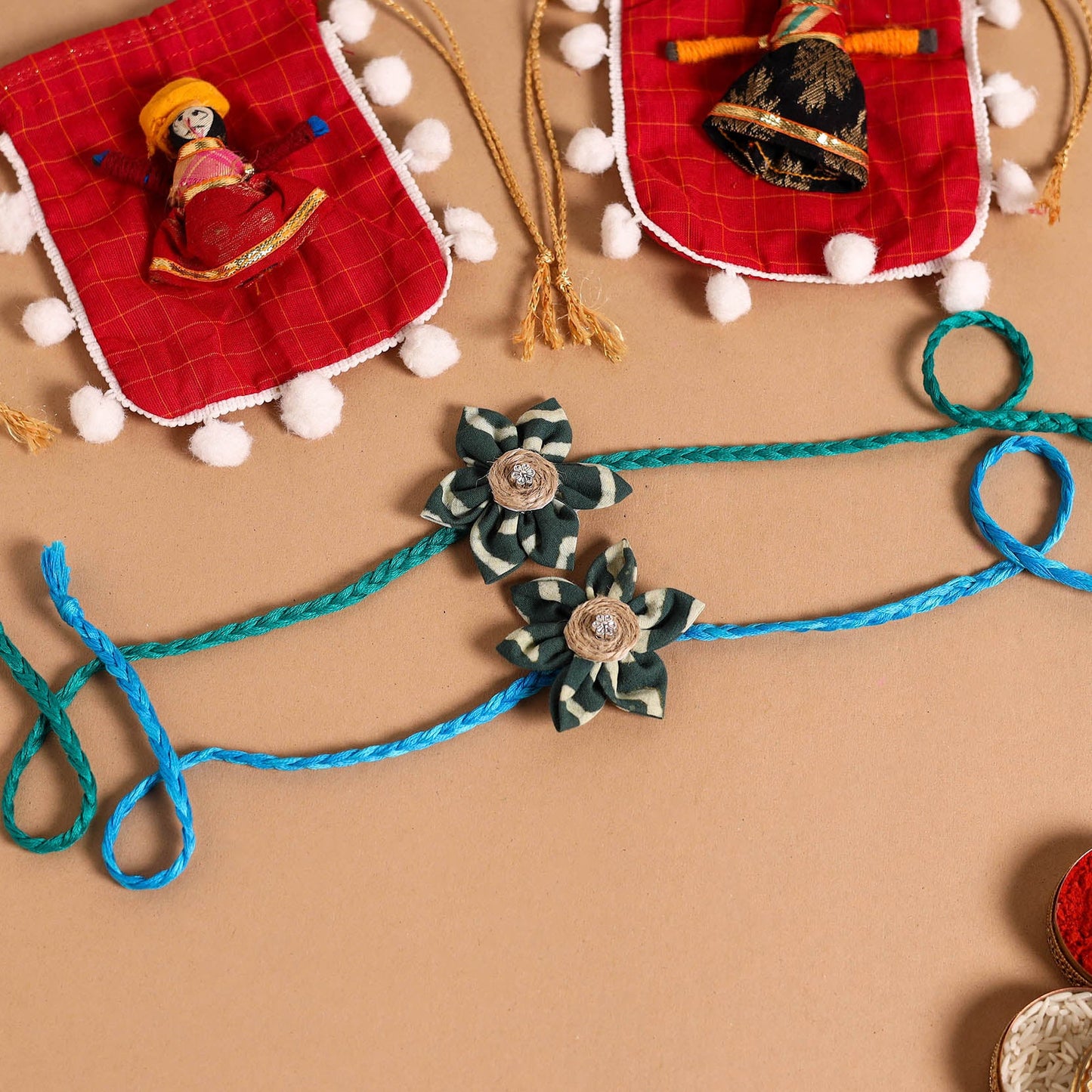  Handmade Fabric Flower Jute Rakhi (Set of 2)