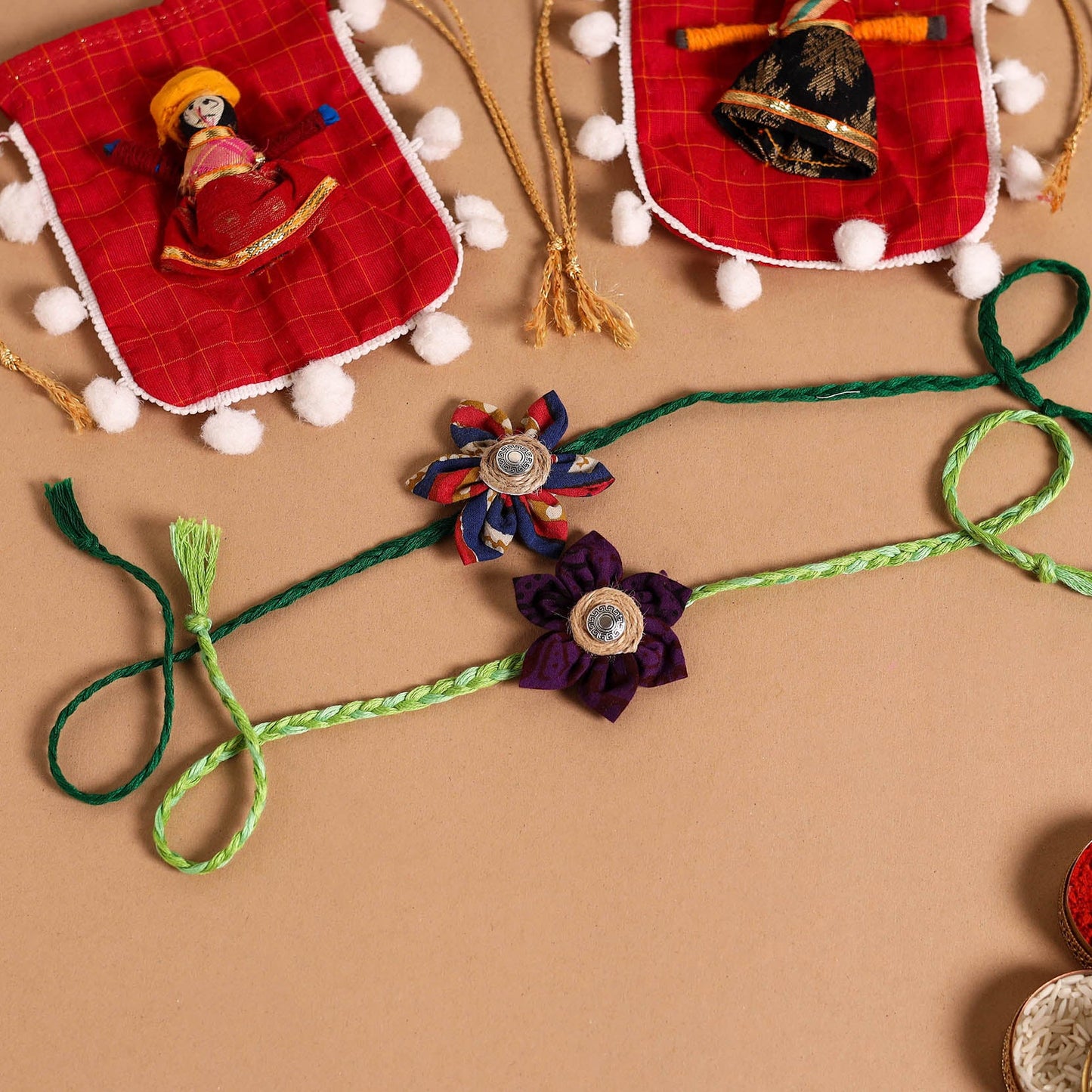  Handmade Fabric Flower Jute Rakhi (Set of 2)