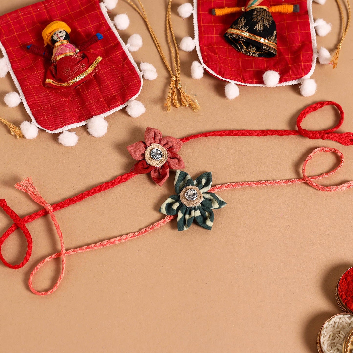  Handmade Fabric Flower Jute Rakhi (Set of 2)