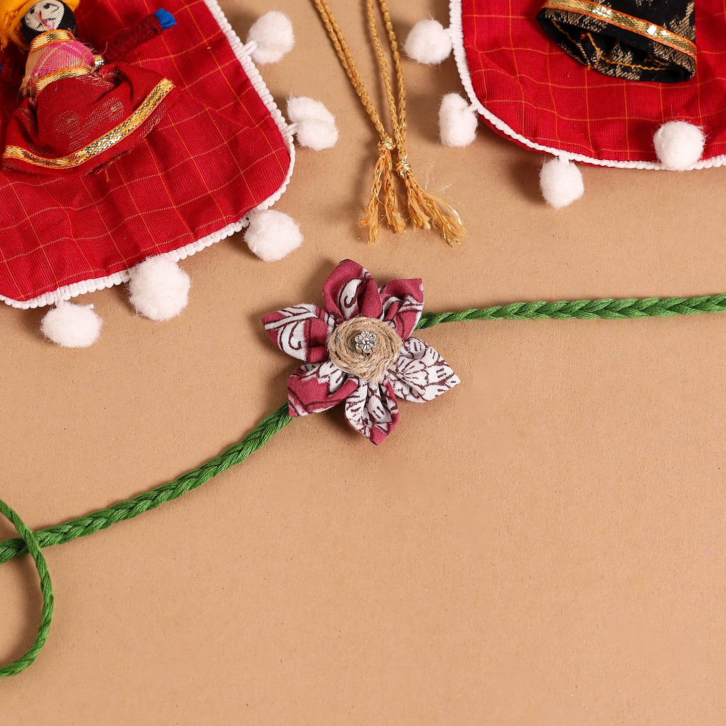  Handmade Fabric Flower Jute Rakhi (Set of 2)