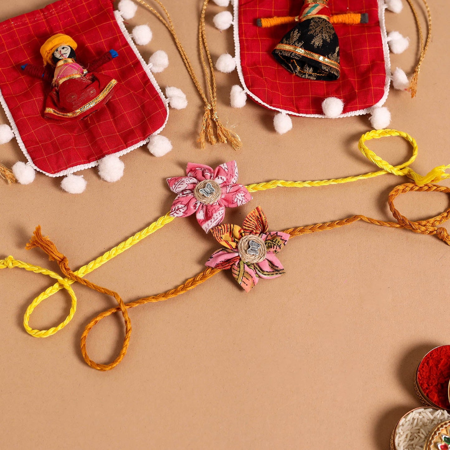  Handmade Fabric Flower Jute Rakhi (Set of 2)