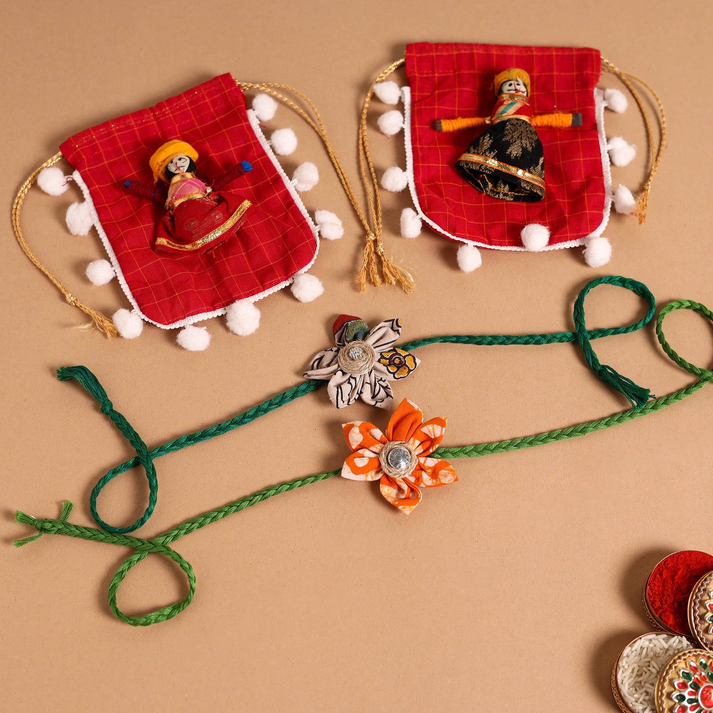  Handmade Fabric Flower Jute Rakhi (Set of 2)