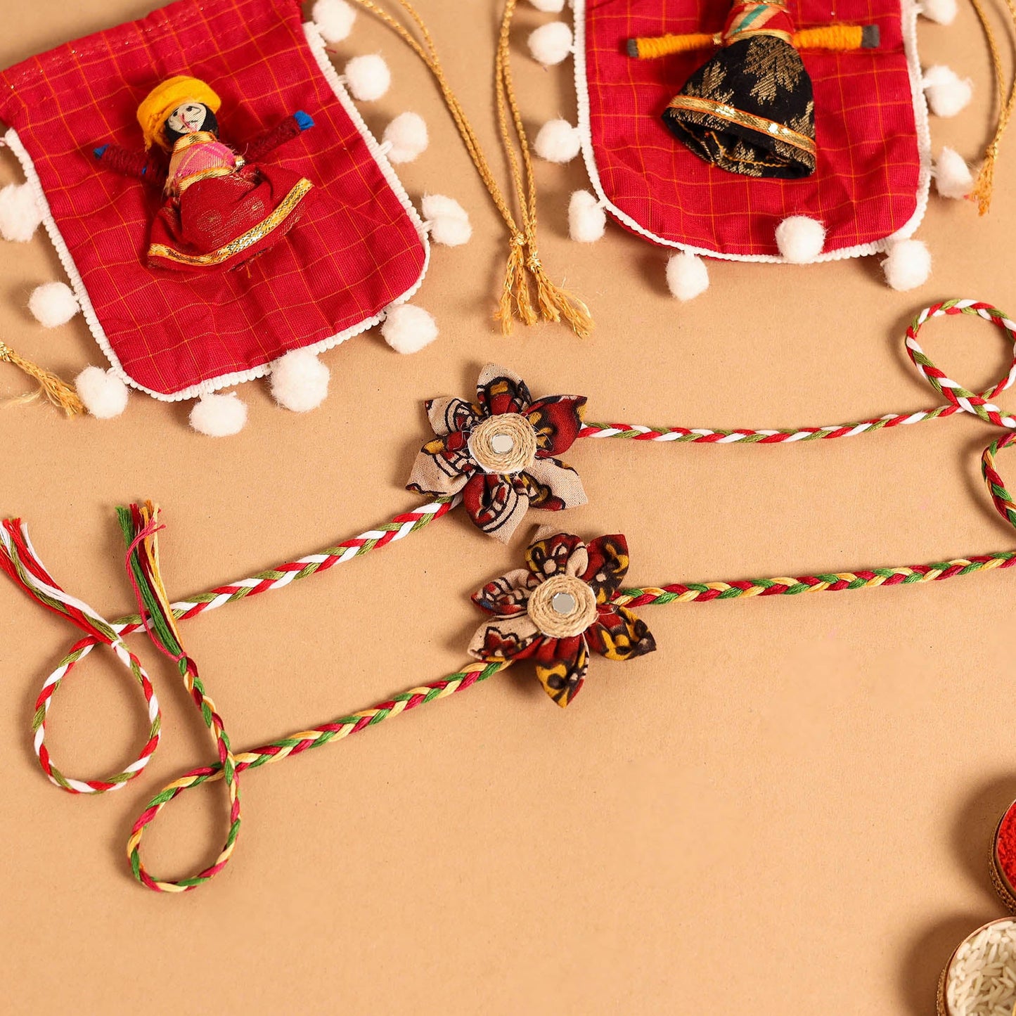  Handmade Fabric Flower Jute Rakhi (Set of 2)