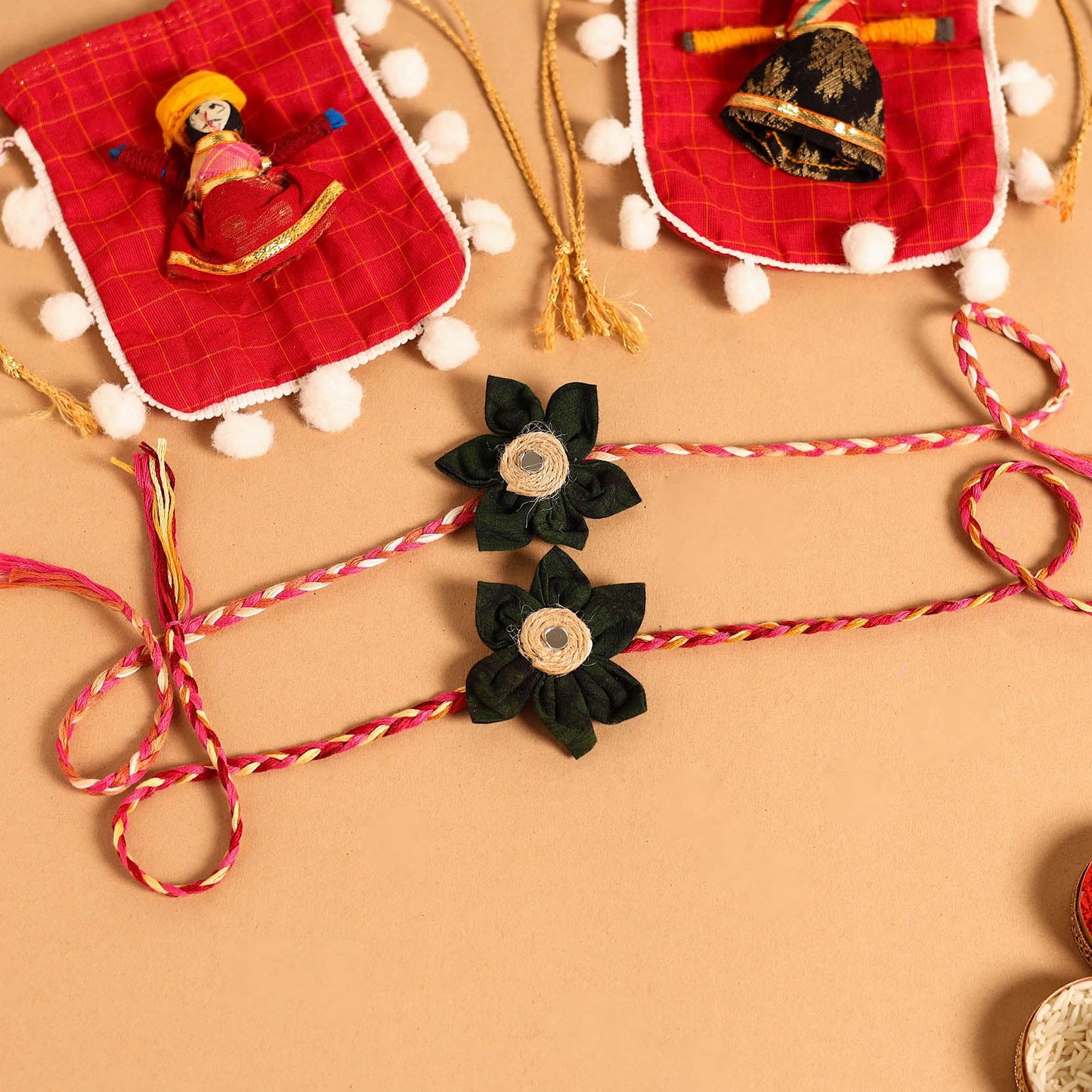  Handmade Fabric Flower Jute Rakhi (Set of 2)