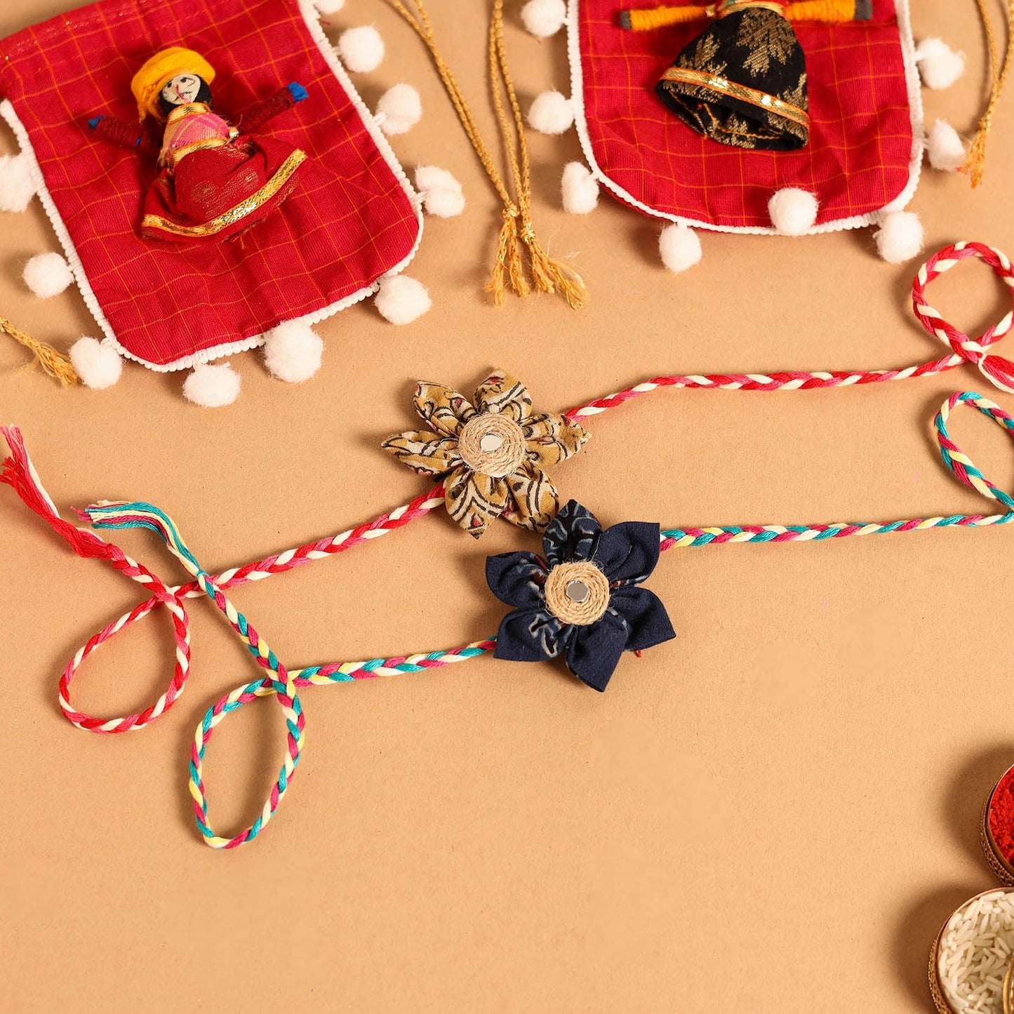  Handmade Fabric Flower Jute Rakhi (Set of 2)