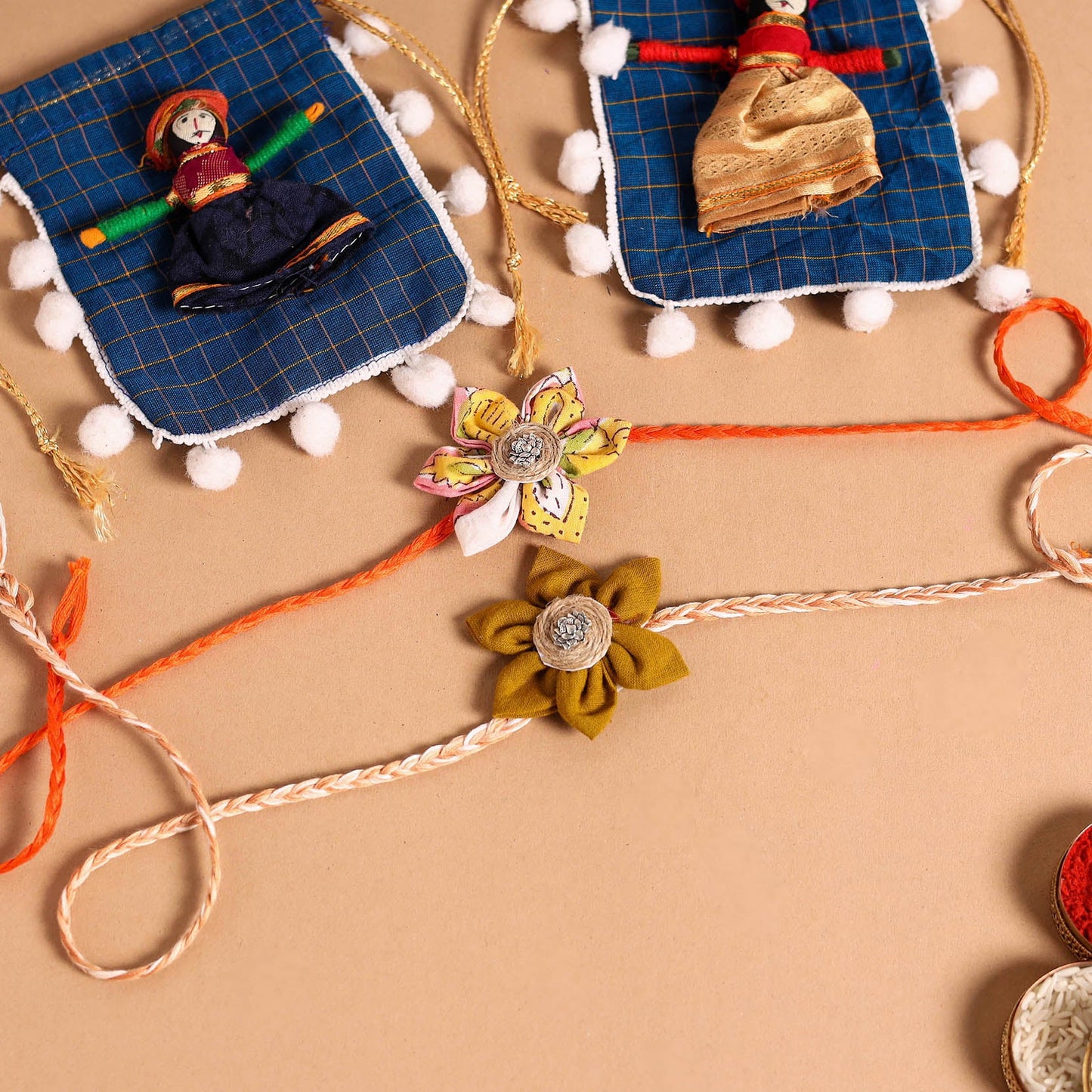  Handmade Fabric Flower Jute Rakhi (Set of 2)
