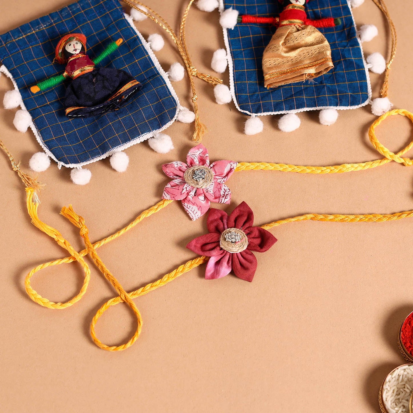  Handmade Fabric Flower Jute Rakhi (Set of 2)
