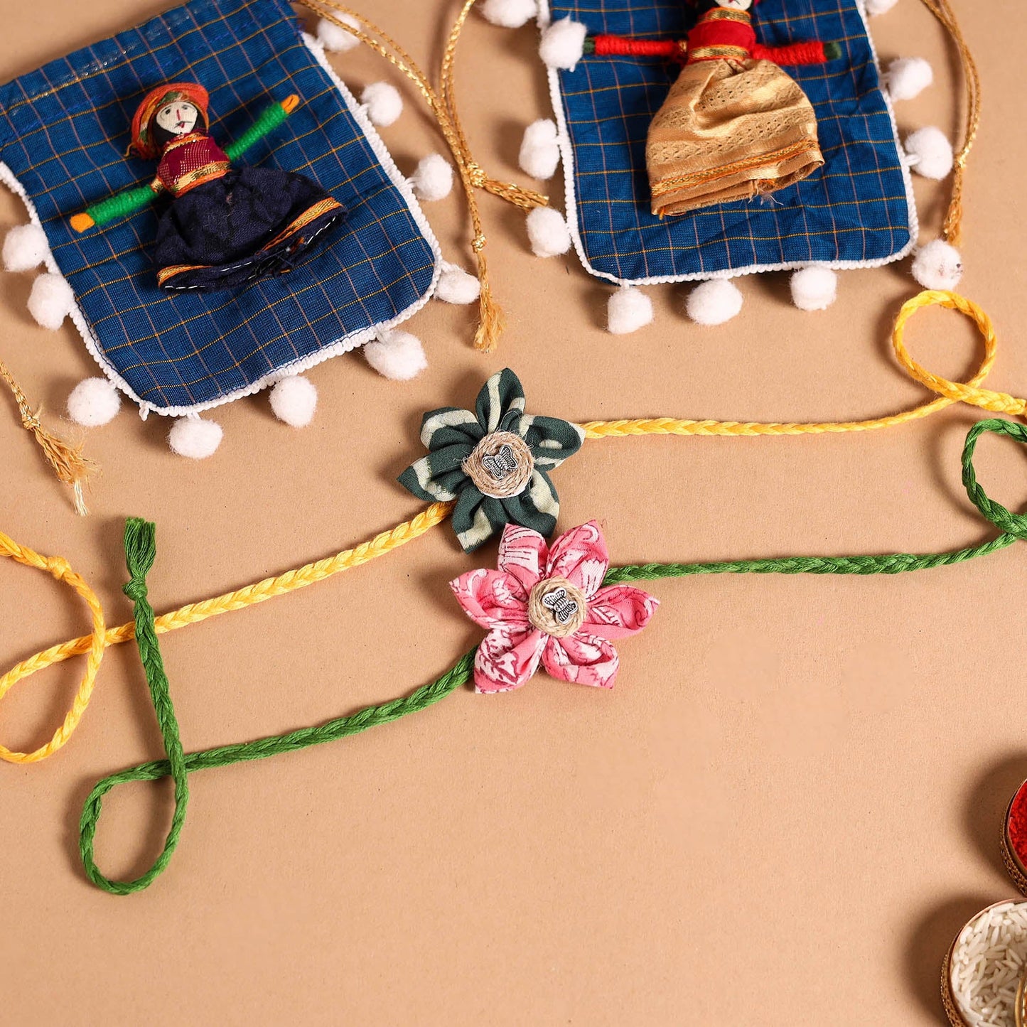  Handmade Fabric Flower Jute Rakhi (Set of 2)