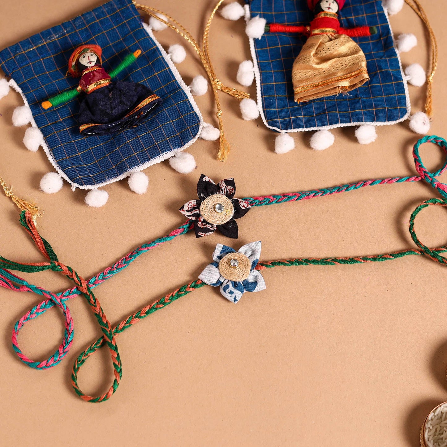  Handmade Fabric Flower Jute Rakhi (Set of 2)