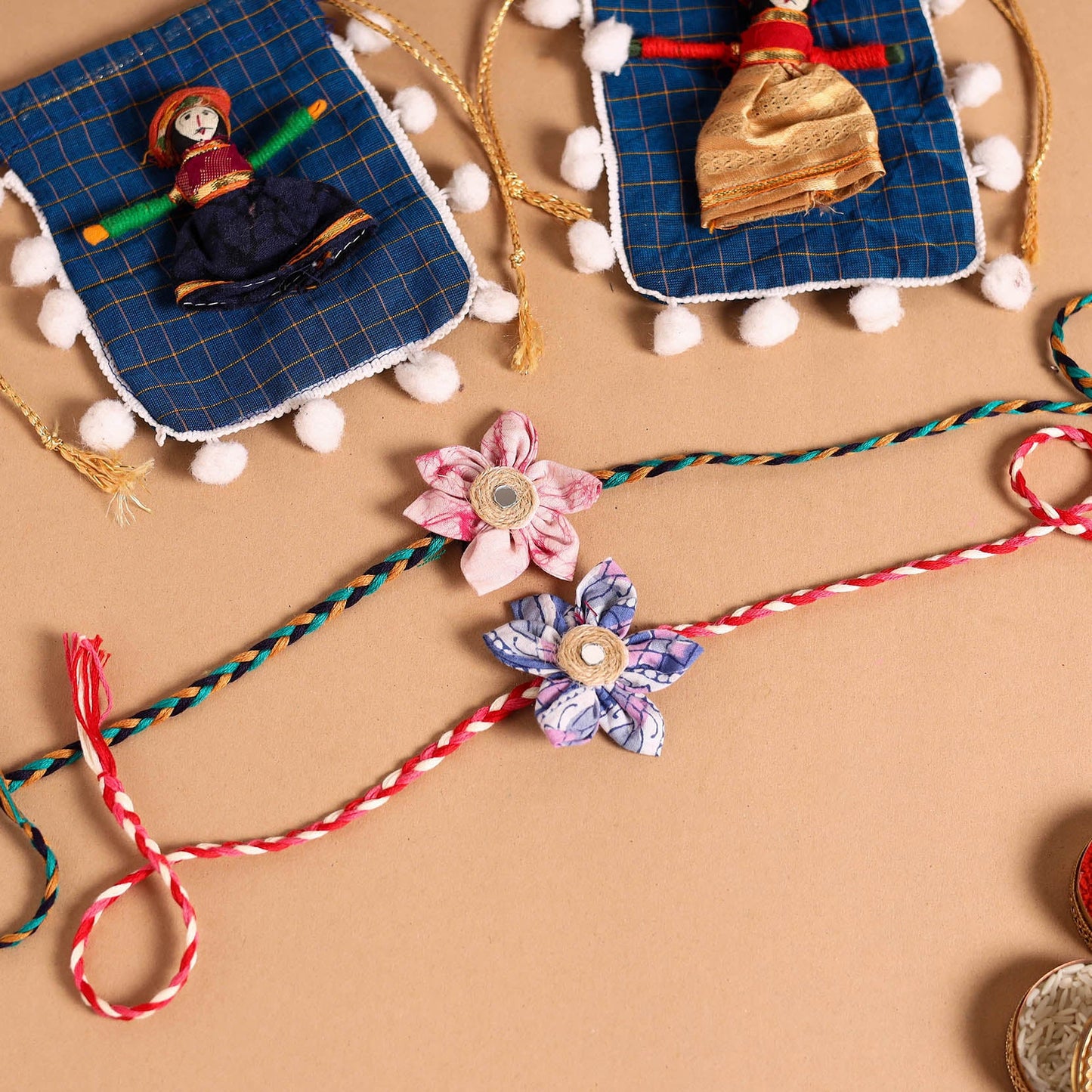  Handmade Fabric Flower Jute Rakhi (Set of 2)