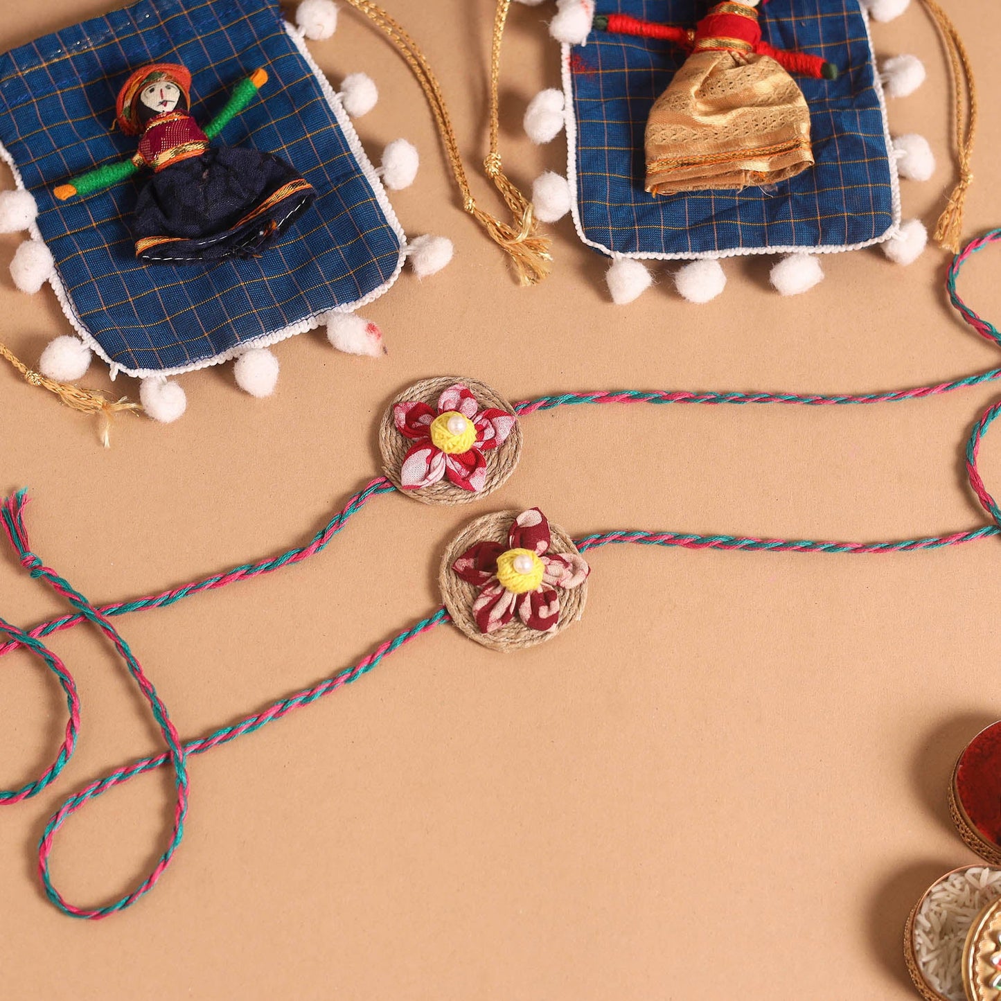  Handmade Fabric Flower Jute Rakhi (Set of 2)