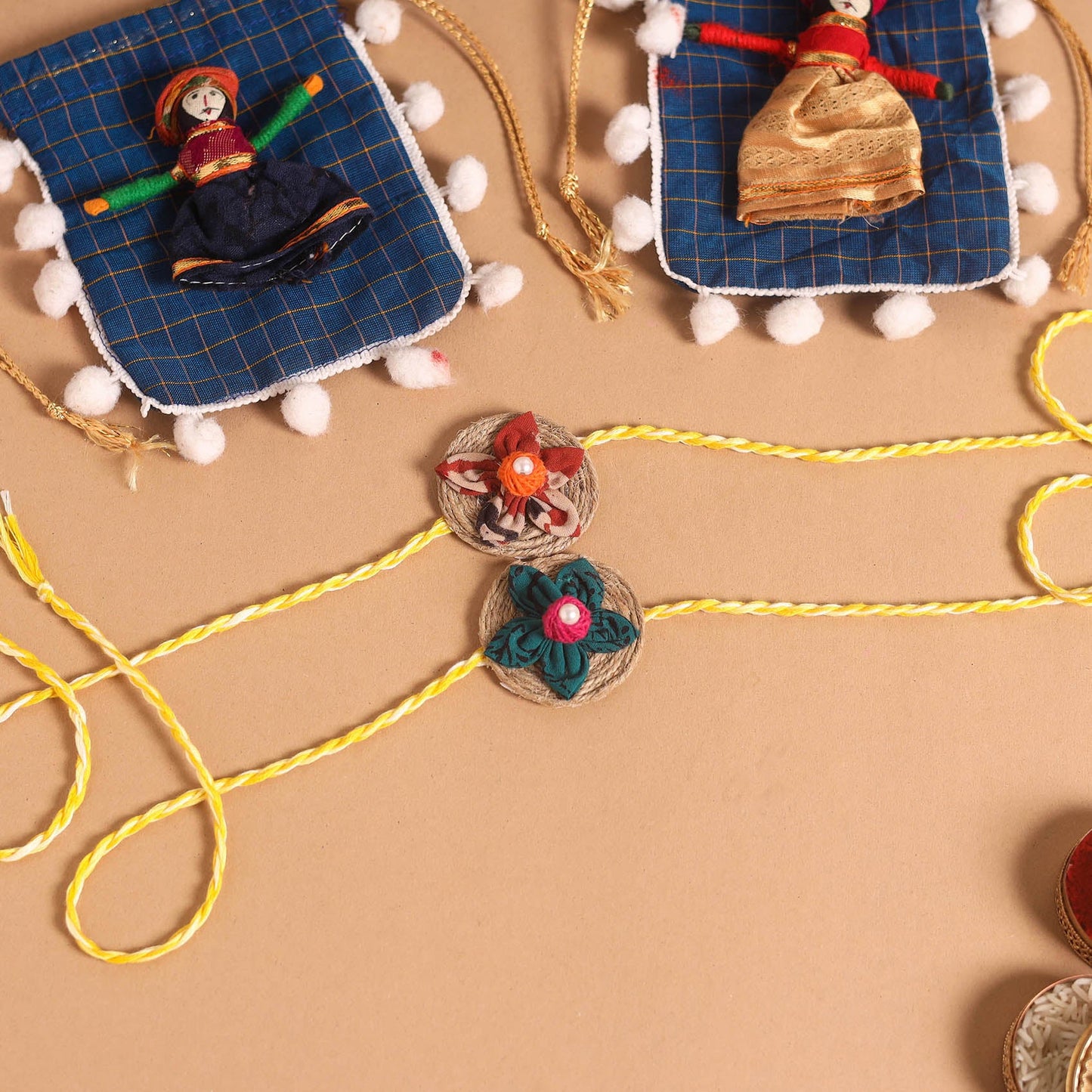  Handmade Fabric Flower Jute Rakhi (Set of 2)