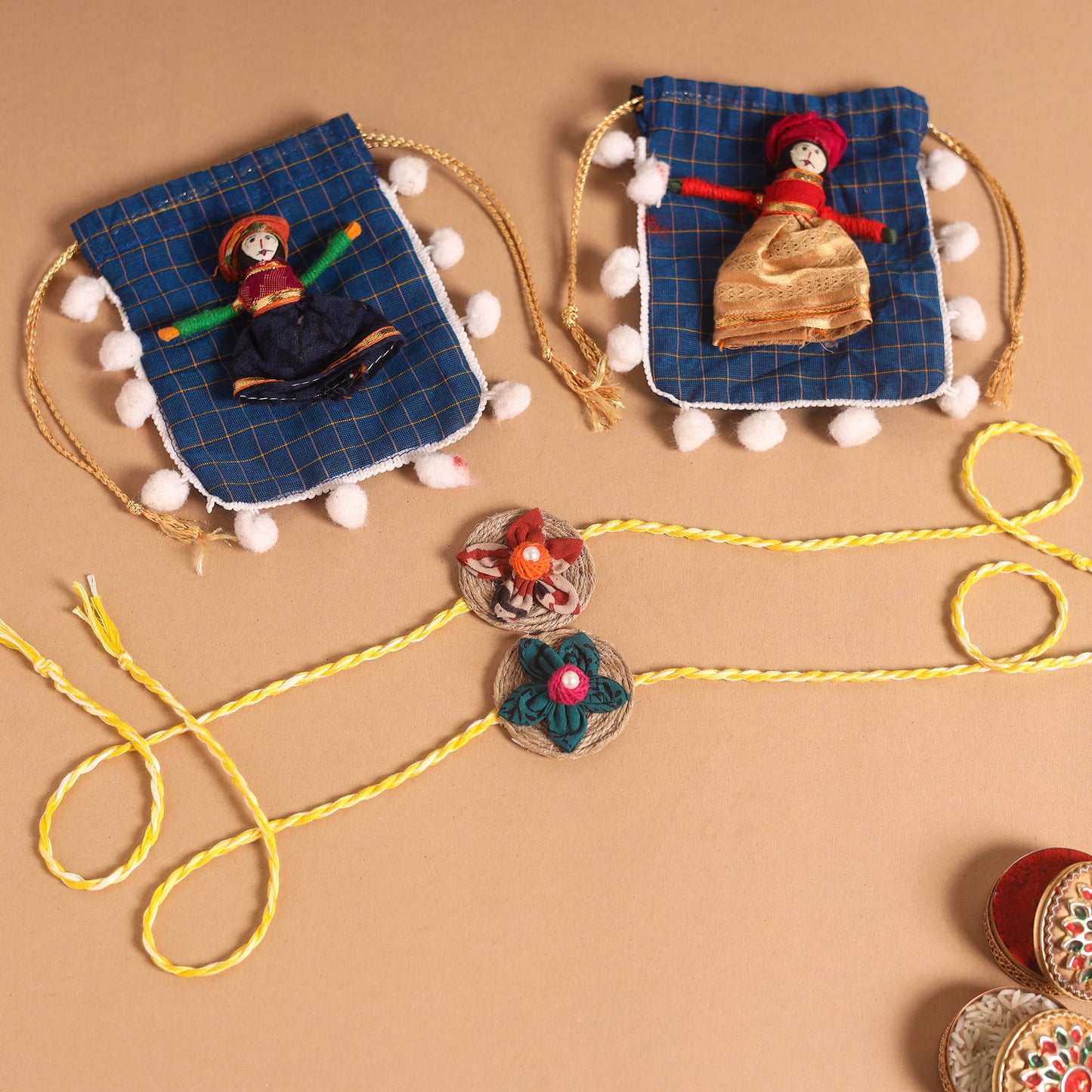  Handmade Fabric Flower Jute Rakhi (Set of 2)