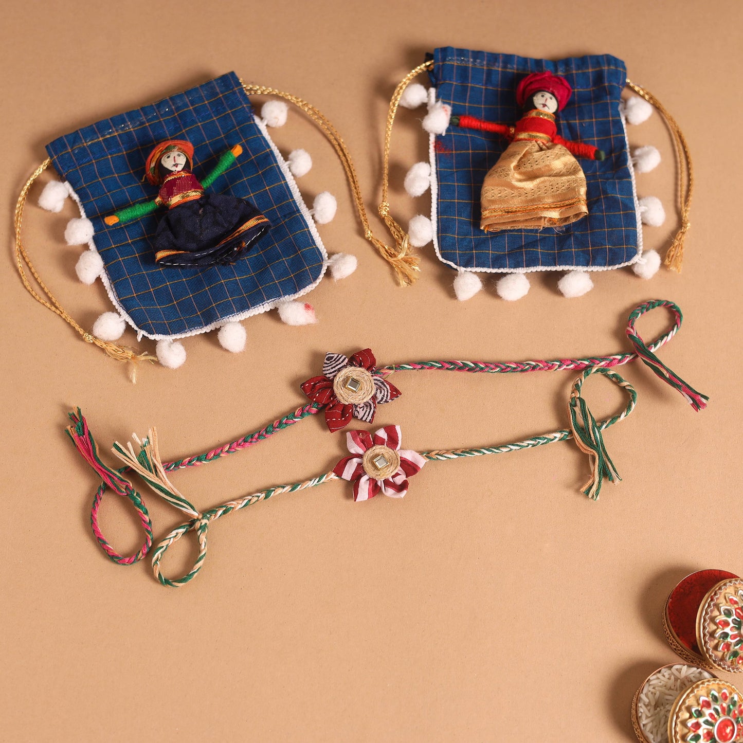  Handmade Fabric Flower Jute Rakhi (Set of 2)