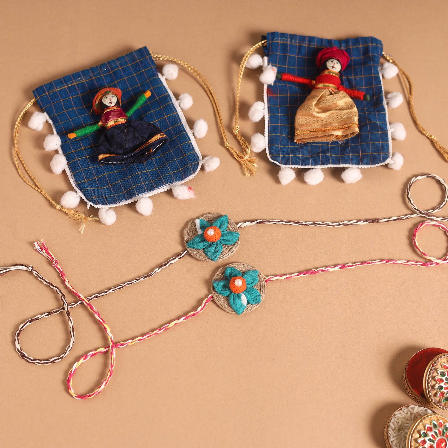  Handmade Fabric Flower Jute Rakhi (Set of 2)