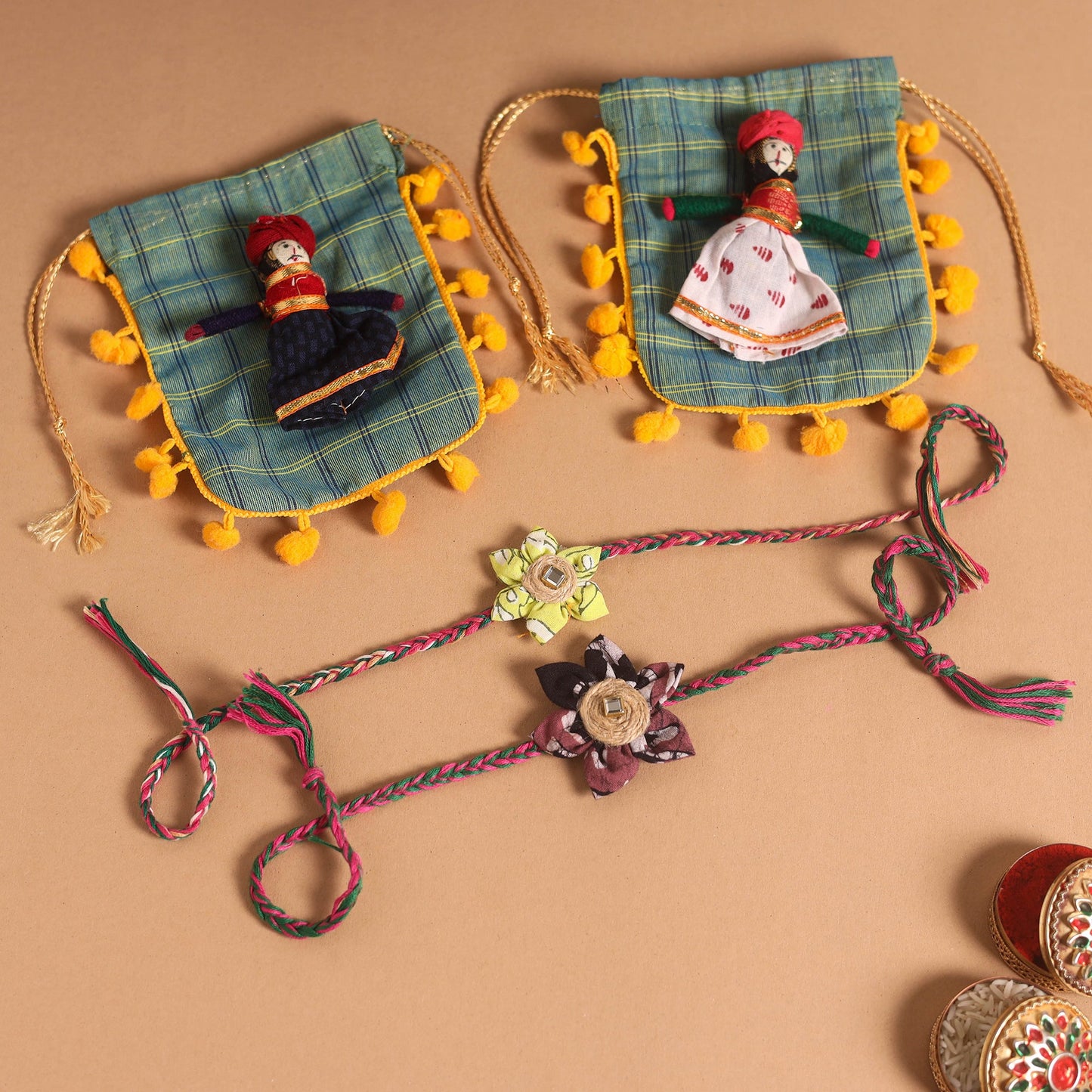  Handmade Fabric Flower Jute Rakhi (Set of 2)