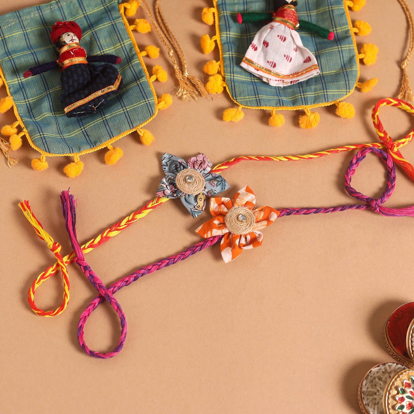  Handmade Fabric Flower Jute Rakhi (Set of 2)