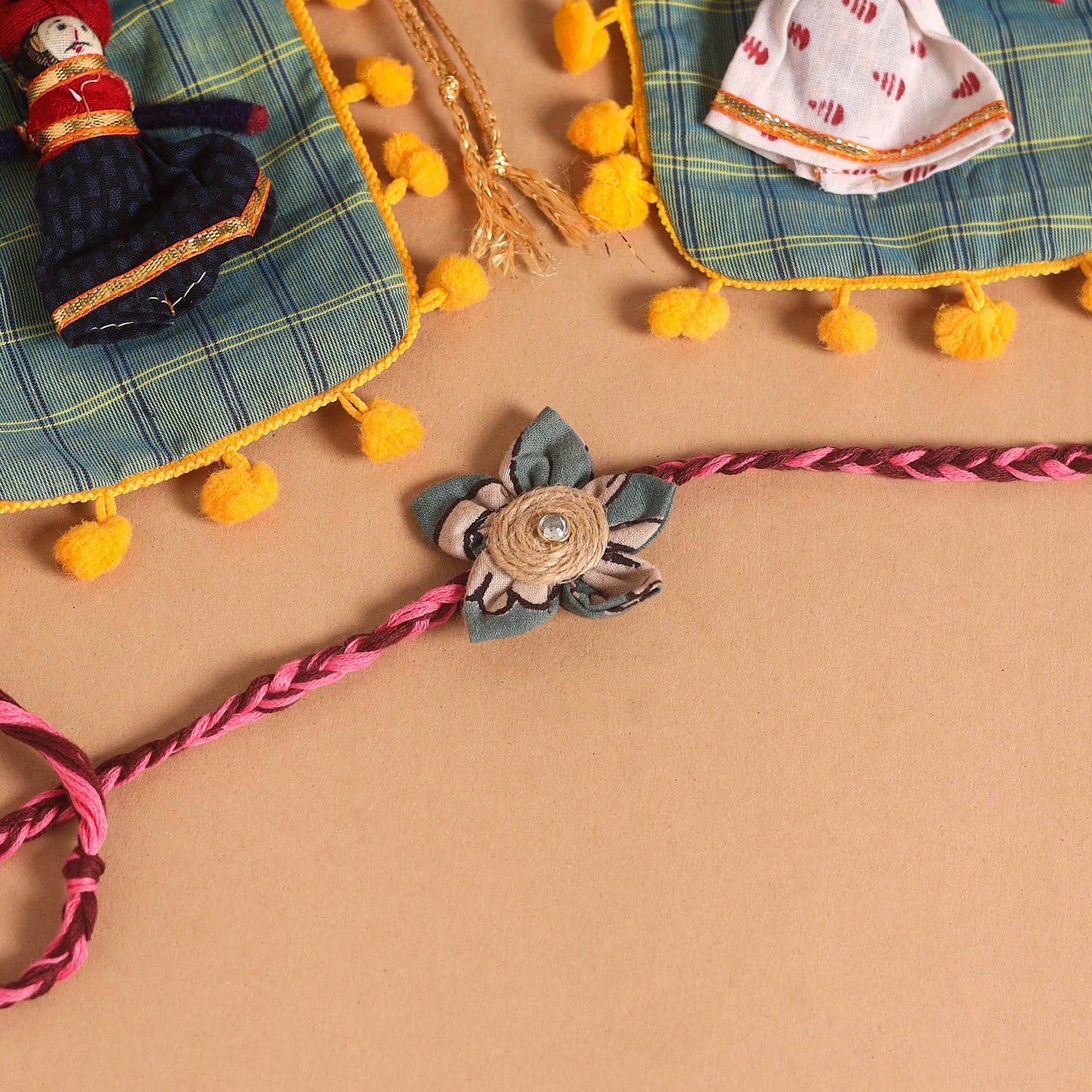  Handmade Fabric Flower Jute Rakhi (Set of 2)