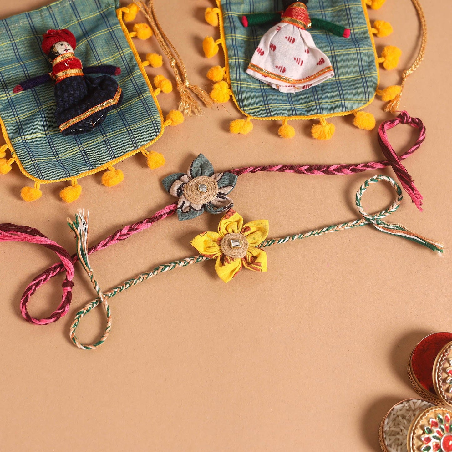  Handmade Fabric Flower Jute Rakhi (Set of 2)