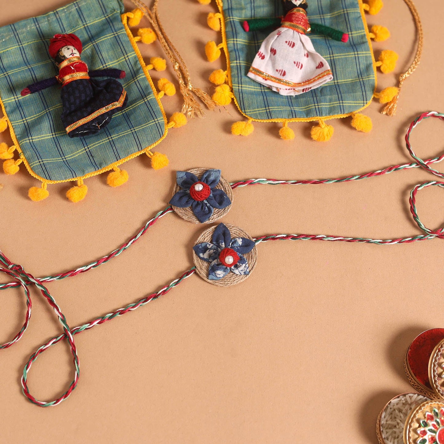  Handmade Fabric Flower Jute Rakhi (Set of 2)