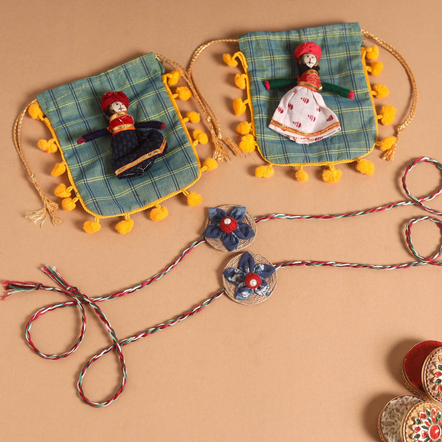  Handmade Fabric Flower Jute Rakhi (Set of 2)