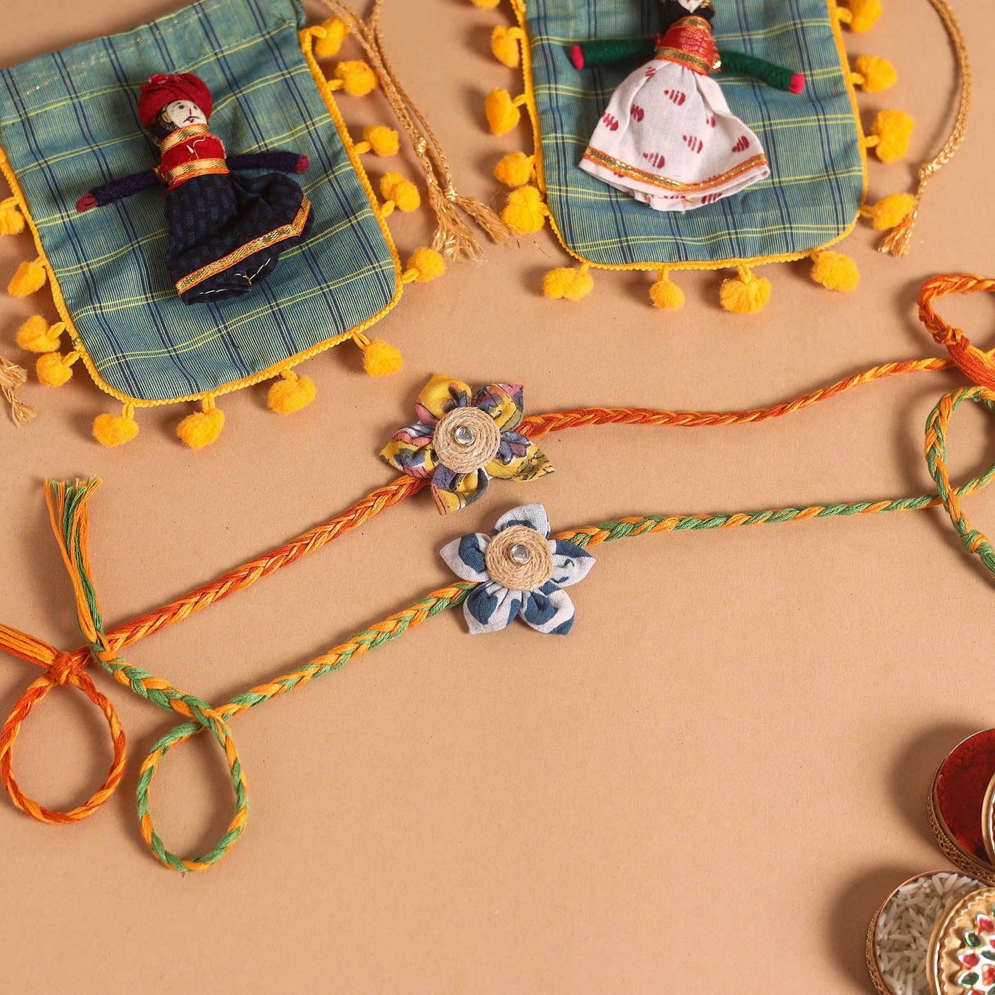  Handmade Fabric Flower Jute Rakhi (Set of 2)