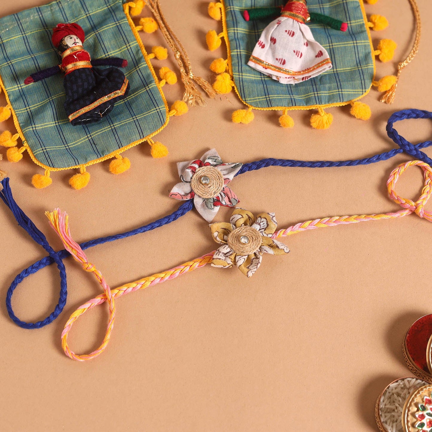  Handmade Fabric Flower Jute Rakhi (Set of 2)