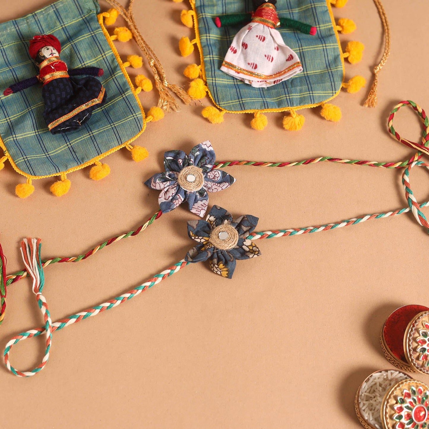  Handmade Fabric Flower Jute Rakhi (Set of 2)