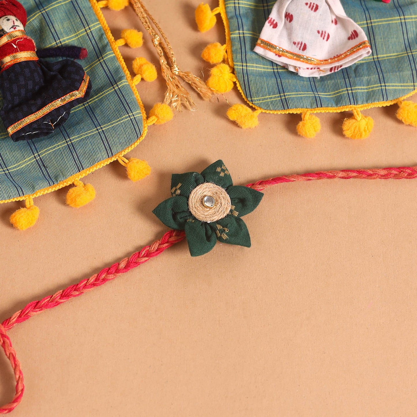  Handmade Fabric Flower Jute Rakhi (Set of 2)