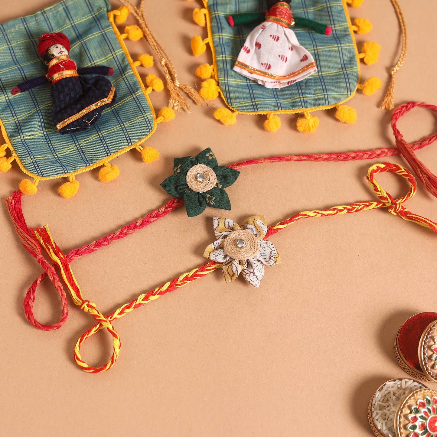  Handmade Fabric Flower Jute Rakhi (Set of 2)