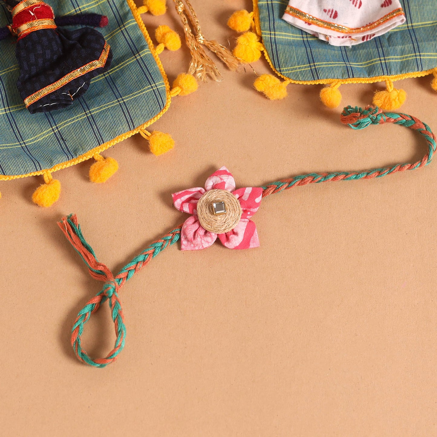  Handmade Fabric Flower Jute Rakhi (Set of 2)