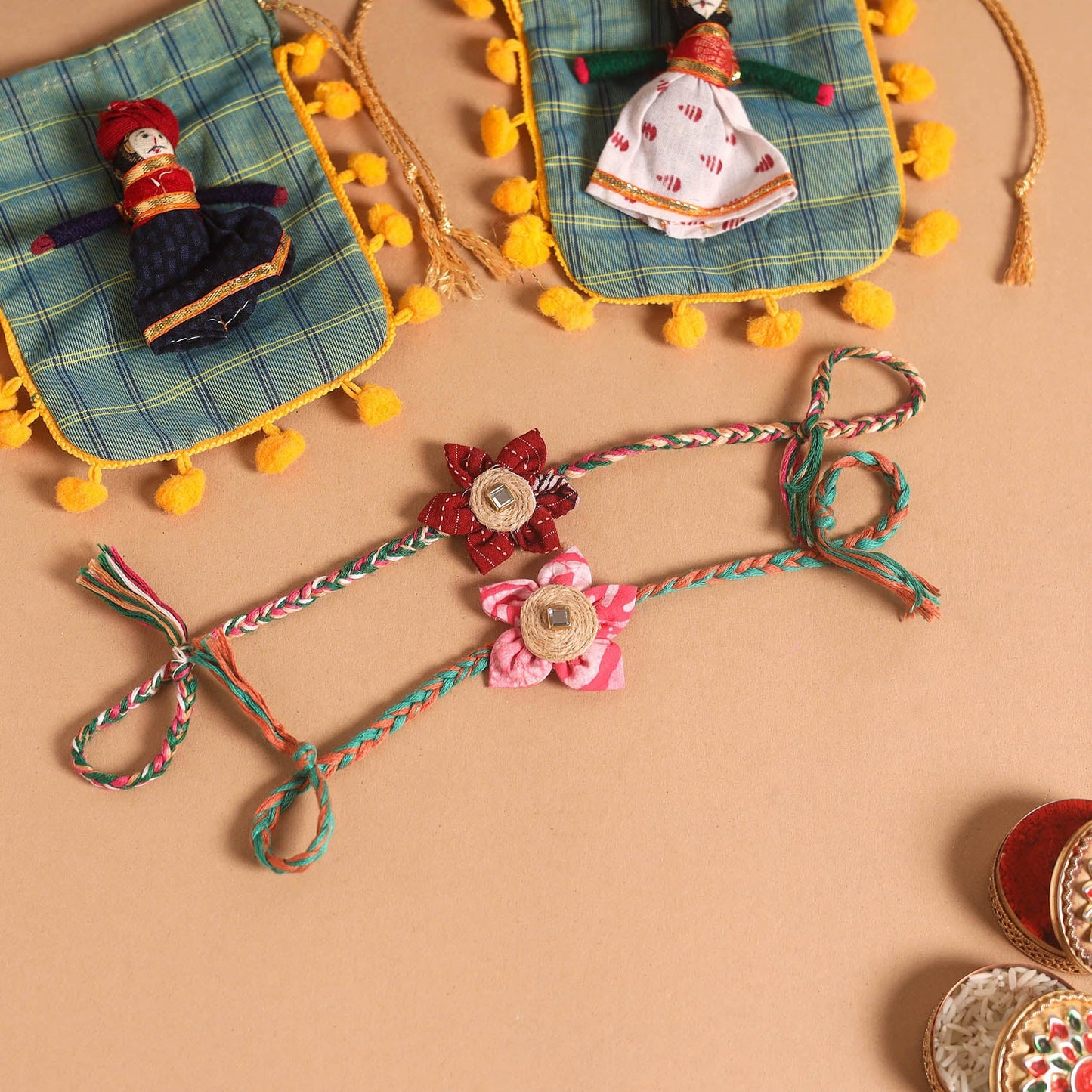  Handmade Fabric Flower Jute Rakhi (Set of 2)