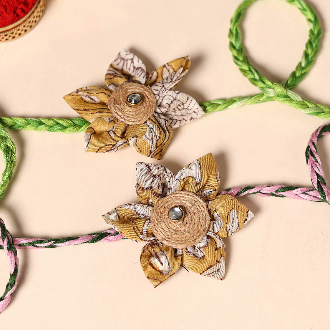  Handmade Fabric Flower Jute Rakhi (Set of 2)